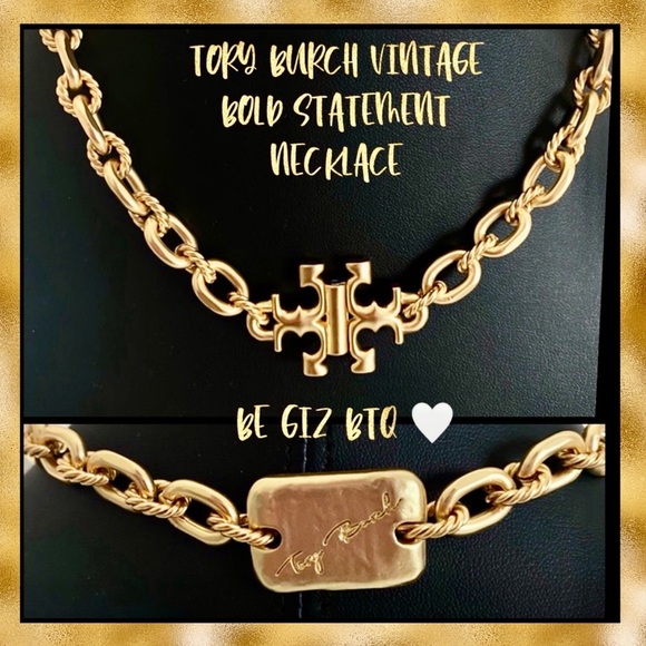 🆕 Tory Burch Authentic Torsade Vintage Brass Gold With T Logo Necklace - Picture 2 of 12